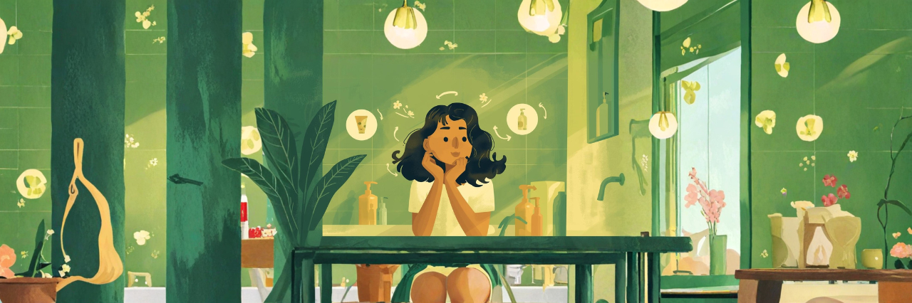 Person surrounded by hair products